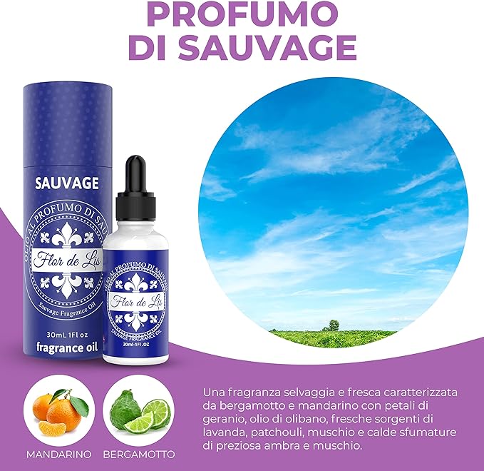 Esclusivo Profumo per Asciugatrice,Olio alla Fragranza di Sauvage, - Profumatore Bucato Concentrato per Lavatrice | Flor De Lis