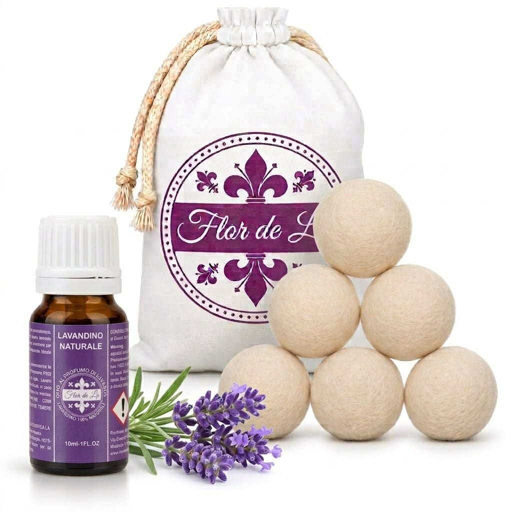 Palline Di Lana per Asciugatrice Con Olio Essenziale Lavanda - Profumatore Bucato Concentrato per Lavatrice | Flor De Lis