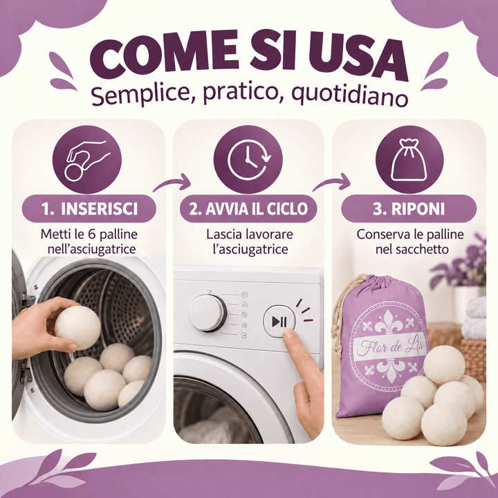Palline Per Asciugatrice di lana merinos - Profumatore Bucato Concentrato per Lavatrice | Flor De Lis