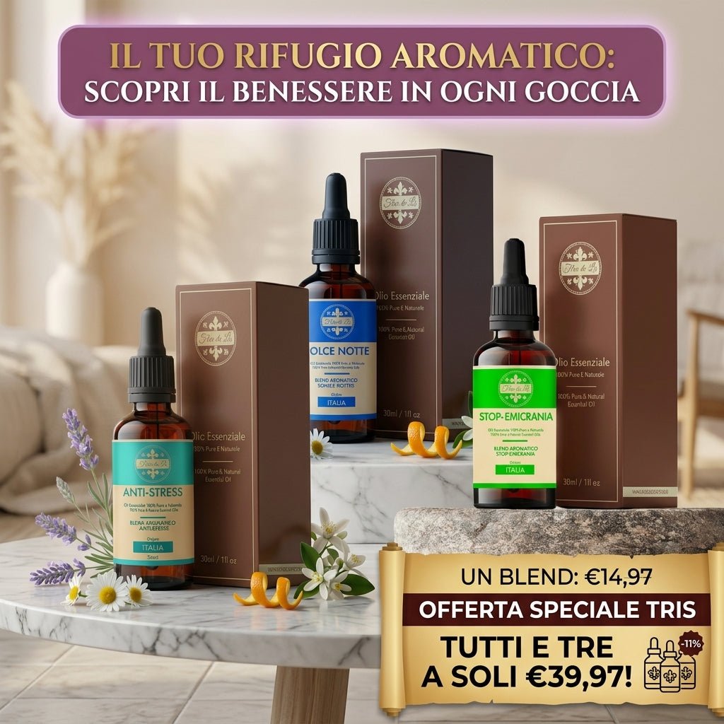 Tris Blend Aromatici Benessere Totale – Anti-Stress, Dolce Notte & Stop-Emicrania (3x30ml) | 100% Puri e Naturali - Profumatore Bucato Concentrato per Lavatrice | Flor De Lis