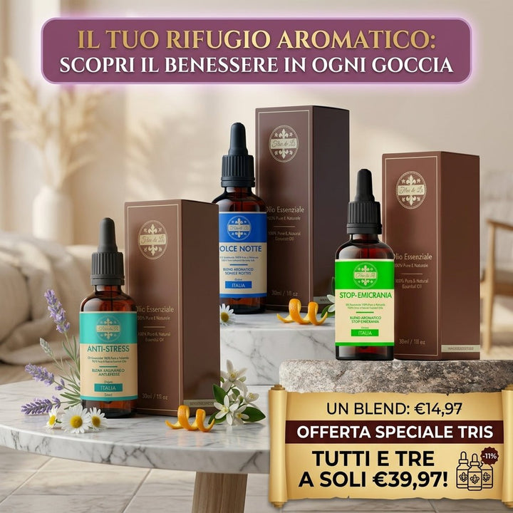 Tris Blend Aromatici Benessere Totale – Anti-Stress, Dolce Notte & Stop-Emicrania (3x30ml) | 100% Puri e Naturali - Profumatore Bucato Concentrato per Lavatrice | Flor De Lis