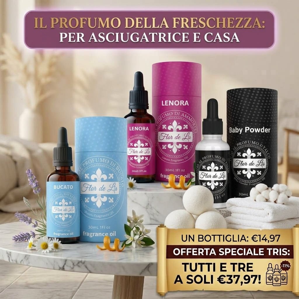 Tris Fragranze Concentrare Casa & Bucato – Bucato Fresco, Lenora e Baby Powder Talco (3x30ml) | Per Asciugatrice, Diffusori e Candele – Flor de Lis - Profumatore Bucato Concentrato per Lavatrice | Flor De Lis